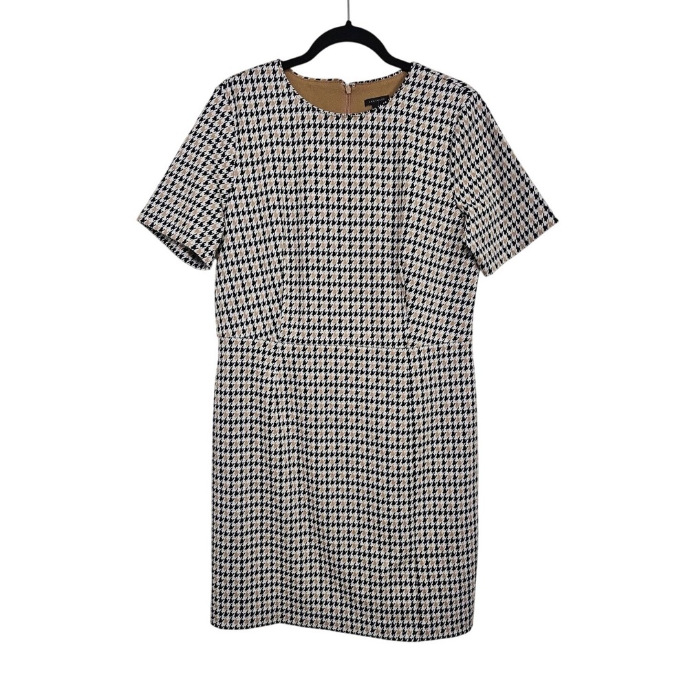 Ann Taylor 12 Tan Black Houndstooth Sheath Dress Knit Career Work Classic NWT
